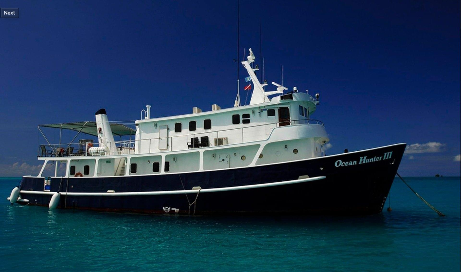 Kreuzfahrtschiff Ocean Hunter III Die Ocean Hunter III war früher ein australisches Forschungsschiff und wurde später zum Kreuzfahrtschiff für Tauchtouren umgebaut.