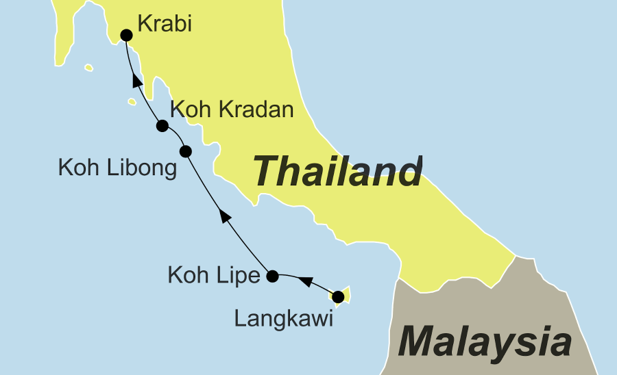 Die Reiseroute Von Malaysia nach Thailand führt über von Langkawi, Koh Lipe, Koh Libong und Koh Kradan nach Krabi.