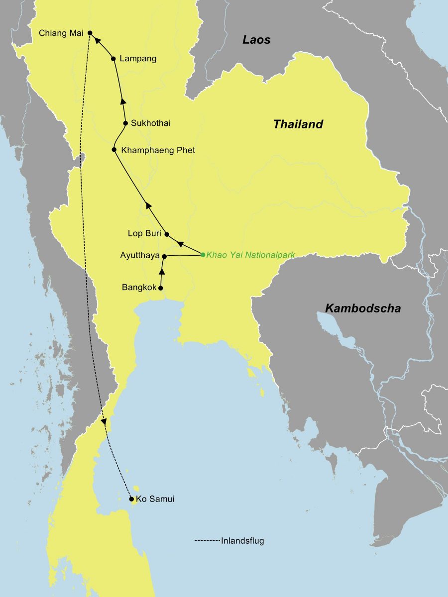 Die Reiseroute der Thailand Kompakt Rundreise führt von Bangkok über Ayutthaya, Khao Yai, Lopburi, Khamphaeng Phet, Sukhothai, Lampang und Chiang Mai nach Koh Samui.