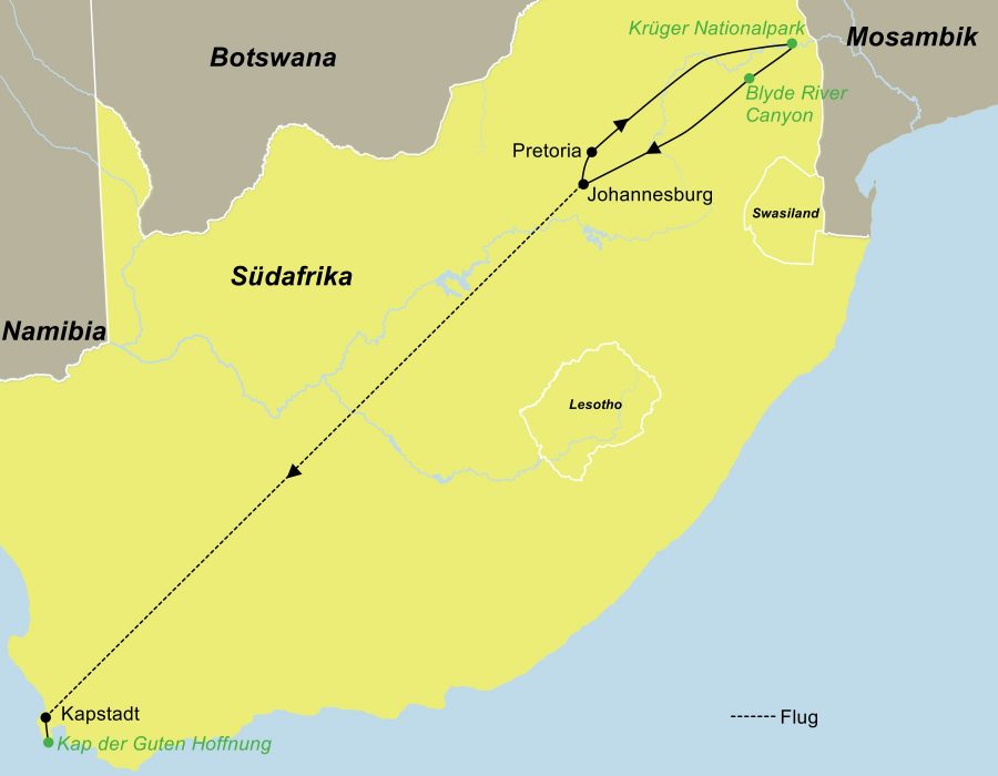 Die Rundreise Südafrika – Safari & Megacity Kapstadt führt von Pretoria über den Krüger Nationalpark und entlang der Panorama Route nach Kapstadt.