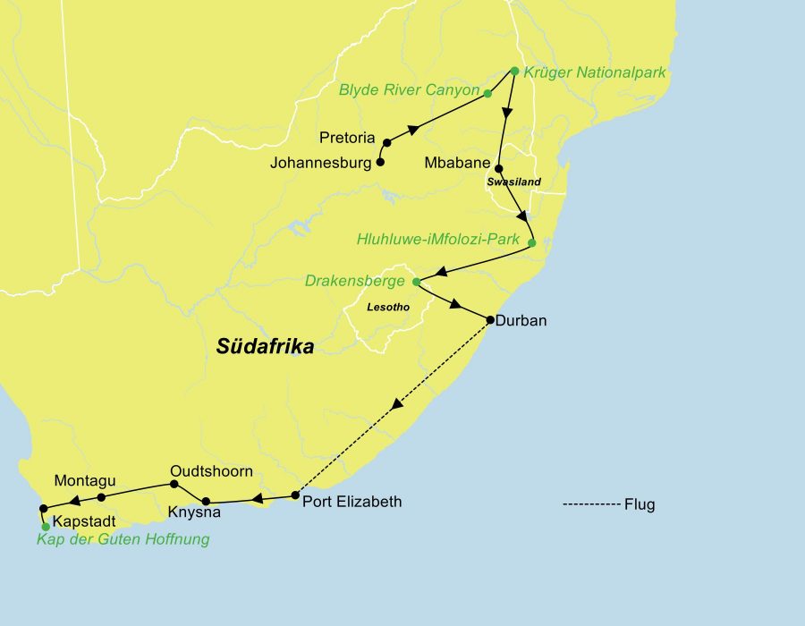 Die Südafrika Rundreise im Mietwagen – Entlang klassischer Route führt von Johannesburg über den Greater Krüger Nationalpark, Eswatini (ehem. Swaziland), Hluhluwe, die Drakensberge, Durban, Knysna, Oudtshoorn und Montagu nach Kapstadt.