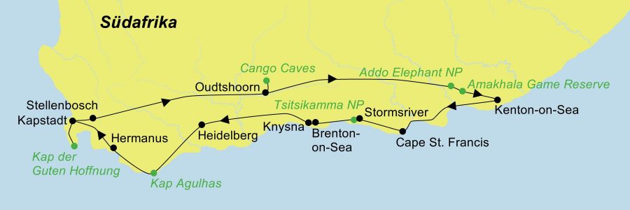 Die Garden Route Mietwagen Rundreise führt von Stellenbosch über Oudtshoorn, den Addo Elephant Park, Kenton-on-Sea, Cape St. Francis den Tsitsikamma N.P., Knysna, Mossel Bay, das De Hoop Nature Reserve und Hermanus nach Kapstadt.