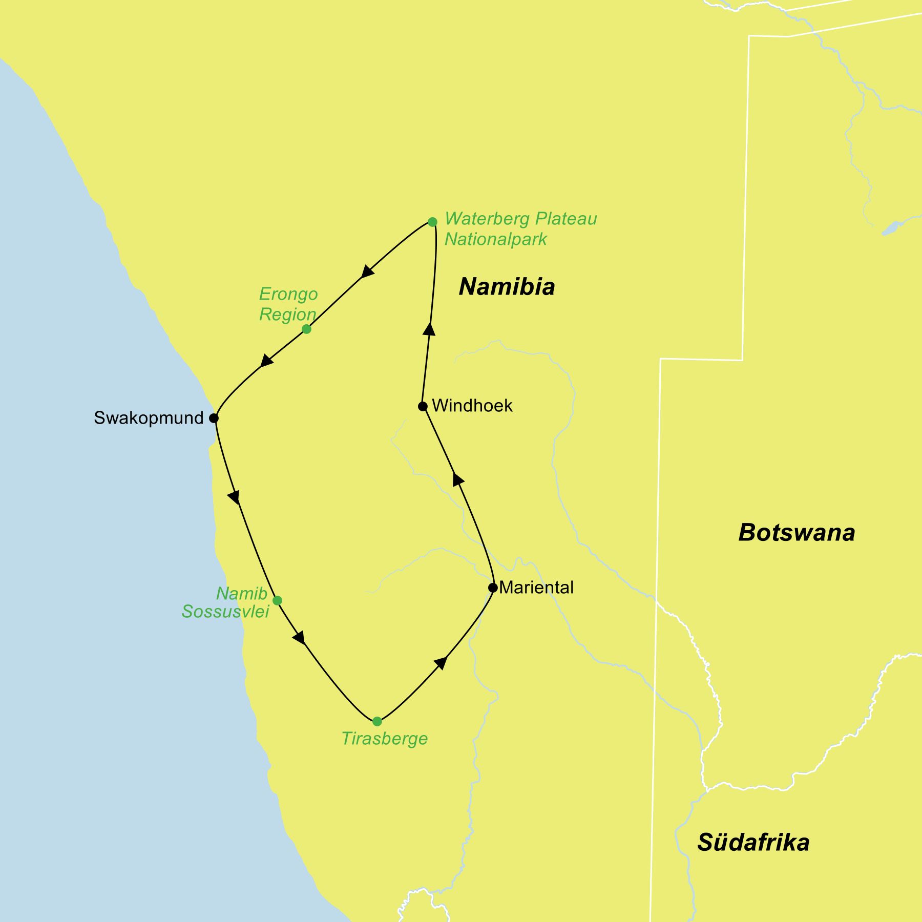Reiseroute der Namibia Mietwagenreise Aktiv mit Wanderungen