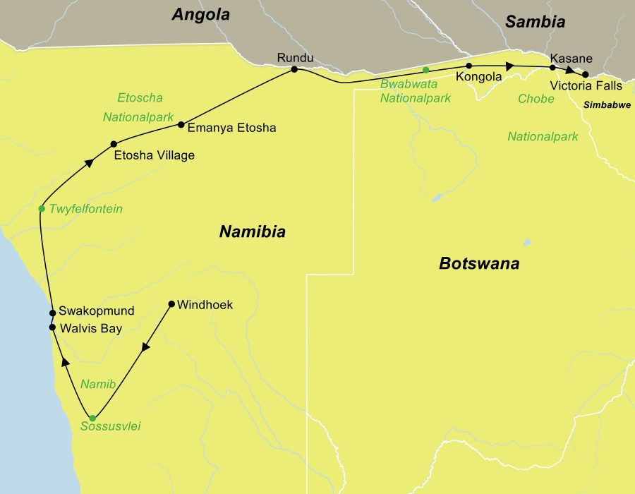 Die Mietwagenreise Südliches Afrika – Namibia, Botswana, Zimbabwe führt von Windhoek über den Namib Naukluft Park, Sossusvlei, Swakopmund, Damaraland, den Etosha Nationalpark, Caprivi Zipfel und den Chobe Nationalpark bis zu den Victoria Falls.