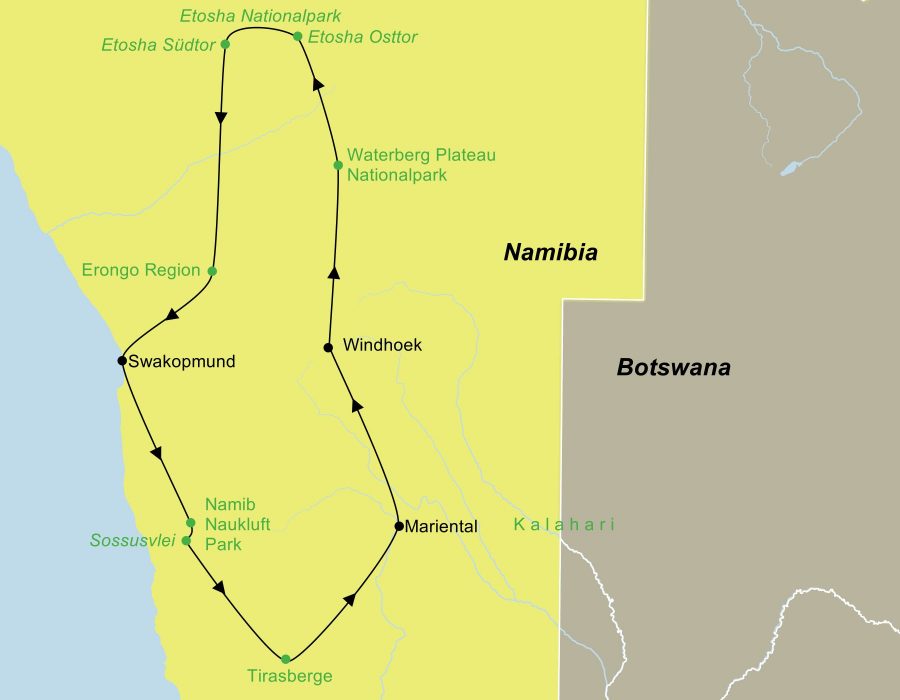 Die Namibia Mietwagenreise mit Wanderungen führt von Windhoek über das Waterberg Naturreservat, den Etosha Nationalpark, die Erongo Region, Swakopmund, den Namib Naukluft Park, Sossusvlei, die Tirasberge und die Kalahari Wüste wieder zurück nach Windhoek.