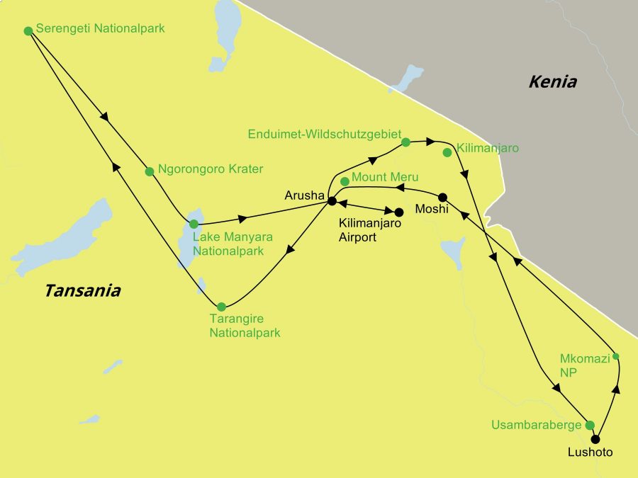 Die Rundreise Tansania Natur zwischen Usambara-Bergen, Kilimanjaro und der Serengeti führt vom Kilimanjaro Airport über den Arusha N.P., Süd-Amboseli, die Kilimanjaro Nordrunde, die Usambaraberge, den Mkomazi N.P., Moshi, den Tarangire N.P., den Serengeti N.P. und den Ngorongoro Krater zum Lake Manyara N.P.