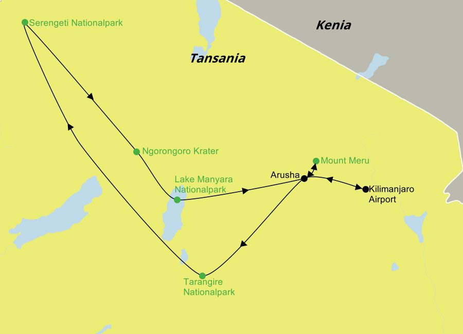 Die Rundreise Tansania Nationalparks – Serengeti, Tarangire und Ngorongoro Krater führt vom Kilimanjaro Airport über Arusha, Coffee Walk und Farmtour, den Tarangire N.P., den Serengeti N.P. und den Ngorongoro Krater bis zum Lake Manyara N.P.