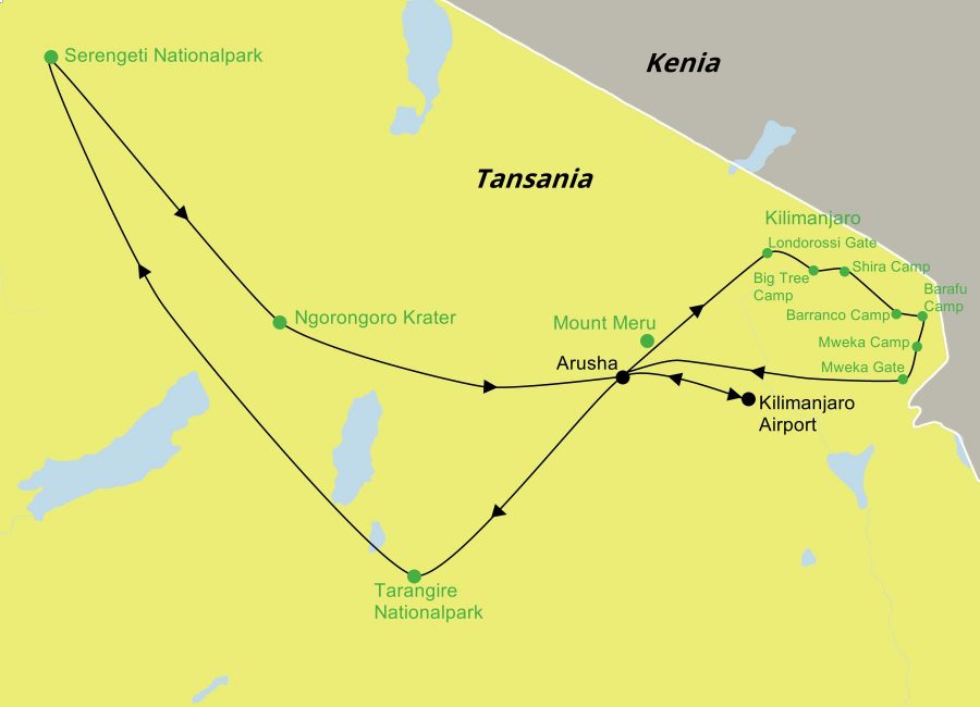 Die Reiseroute der Kilimanjaro Trekking & Safari Reise führt vom Kilimanjaro Airport über Arusha, den Kilimanjaro, den Tarangire N.P. und den Serengeti N.P. bis zum Ngorongoro Krater.