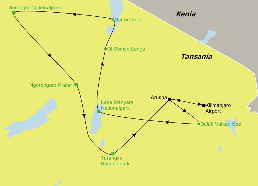 Die Reiseroute der Tansania Safari Tour führt vom Kilimanjaro Airport über den Arusha Nationalpark, den Duluti Vulkansee, den Lake Manyara National Park, den Natron See und den Vulkan Ol Doinyo Lengai, die Serengeti und den Ngorongoro Krater bis zum Tarangire National Park.