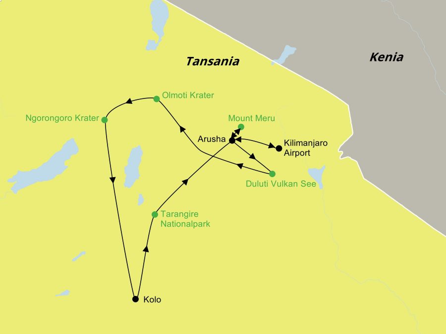 Die Reiseroute der Tansania Wandern – Safari mit Komfort Reise führt vom Kilimanjaro Airport über eine Kaffee Plantage, den Arusha Nationalpark, den Duluti Vulkansee, den Olmoti-Krater, den Ngorongoro Krater und das Kraterhochland bis zum Tarangire Nationalpark.