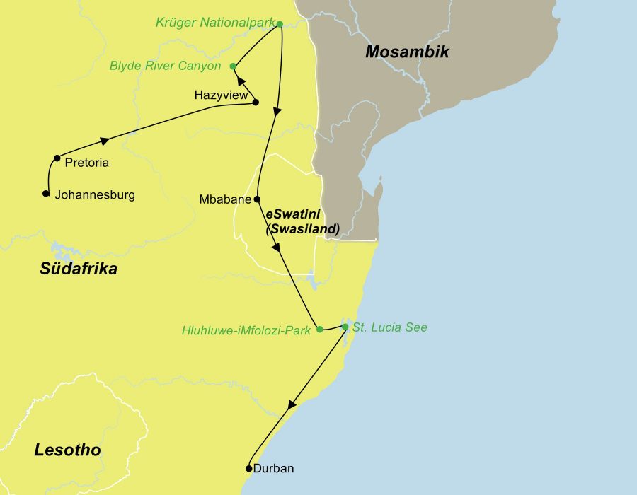 Die Reiseroute der Rundreise Safari Krüger Nationalpark ab Johannesburg führt von Johannesburg, Pretoria, Hazyview, den Krüger Nationalpark, Eswatini (ehem. Swasiland) und den Hluhluwe/Imfolozi Park bis nach Durban.