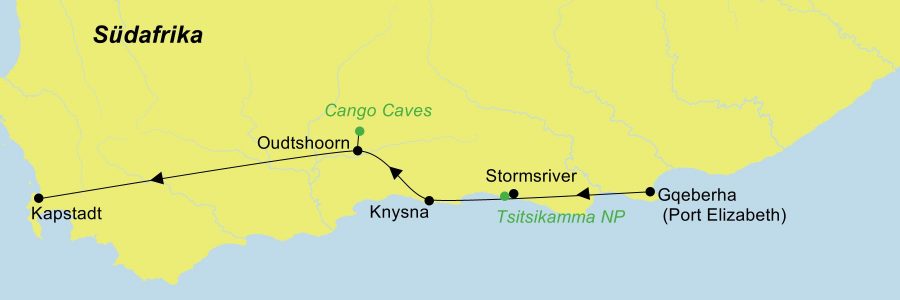 Die Reiseroute der Rundreise Südafrika Garden Route Highlights führt von Port Elizabeth über Knysna und Oudtshoorn nach Kapstadt.