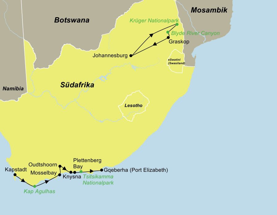 Die Reiseroute der Gruppenreise Südafrika Entdeckerreise führt von Kapstadt, Mossel Bay, Oudtshoorn, Knysna, den Tsitsikamma Nationalpark, Port Elizabeth, Johannesburg und den Krüger Nationalpark.