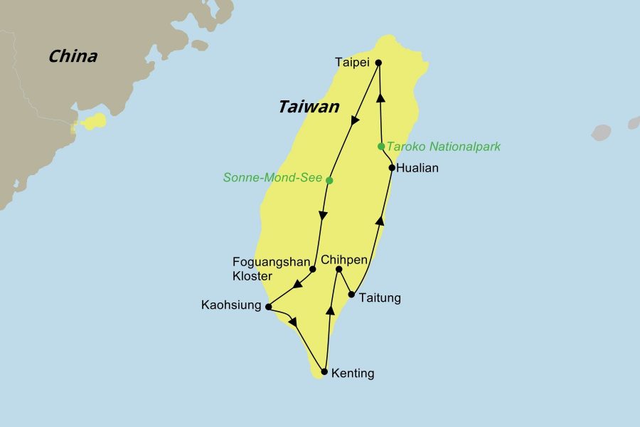 Die Zauberhaftes Taiwan Rundreise führt von Taipeh über den Sonne-Mond-See, das Foguangshan Kloster, Kaohsiung, Kenting, Chihpen, Taitung, East Coast, Hualien und den Taroko Nationalpark zurück nach Taipeh.