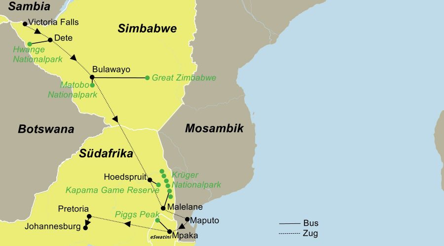 Die Sonderzugreise von Victoria Falls bis Pretoria mit dem African Explorer führt von den Viktoriafällen, den Hwange National Park, den Matobo National Park, Great Zimbabwe, das Kapama Wildreservat, die Panoramaroute, den Krüger Nationalpark, Maputo und eSwatini (Swasiland) nach Pretoria.