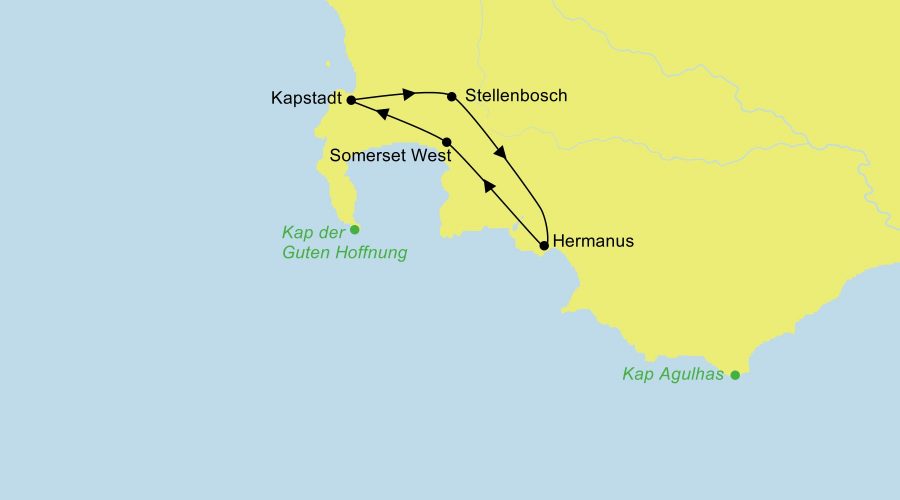 Reiseroute der Mietwagenreise Hermanus Whale Watching