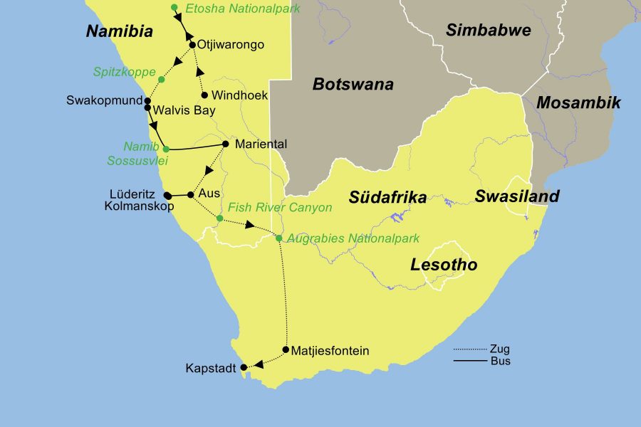 Reiseroute der Zugreise im African Explorer von Windhoek nach Kapstadt