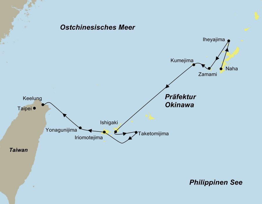 Reiseroute der Kreuzfahrt Japans paradiesische Inseln