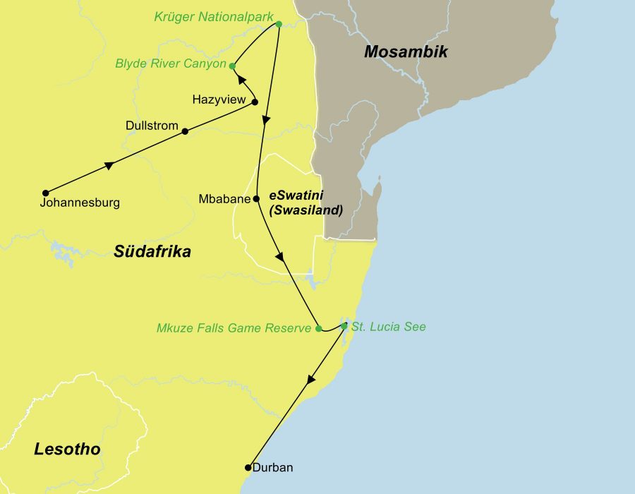 Reiseroute der Mietwagenreise Südafrika Natur und Nationalparks