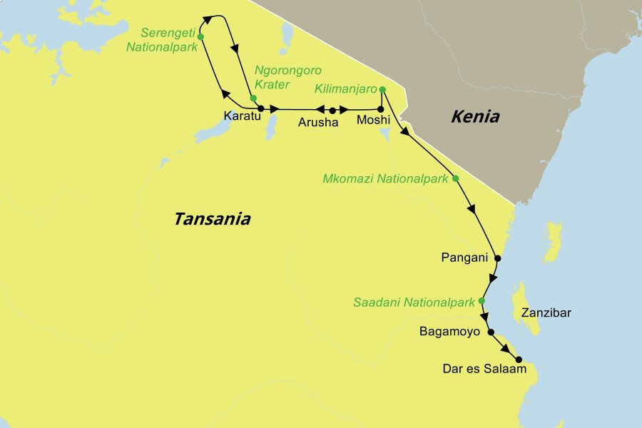 Reiseroute der Tansania Abenteuerreise – Intensiv und aktiv erleben