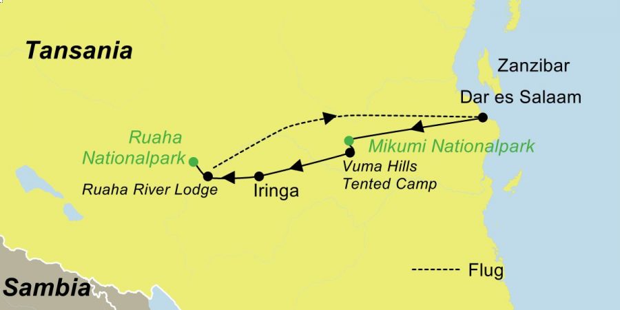 Reiseroute der Flugsafari Tansania – Der wilde Süden