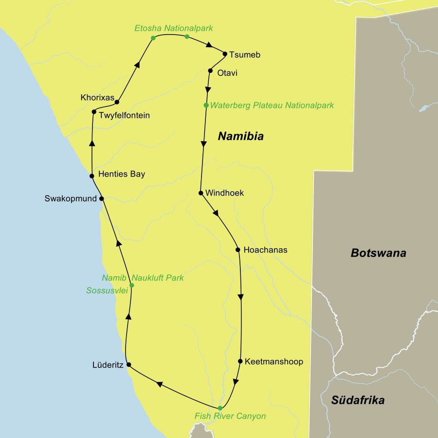Reiseroute der Namibia komplett Mietwagenreise