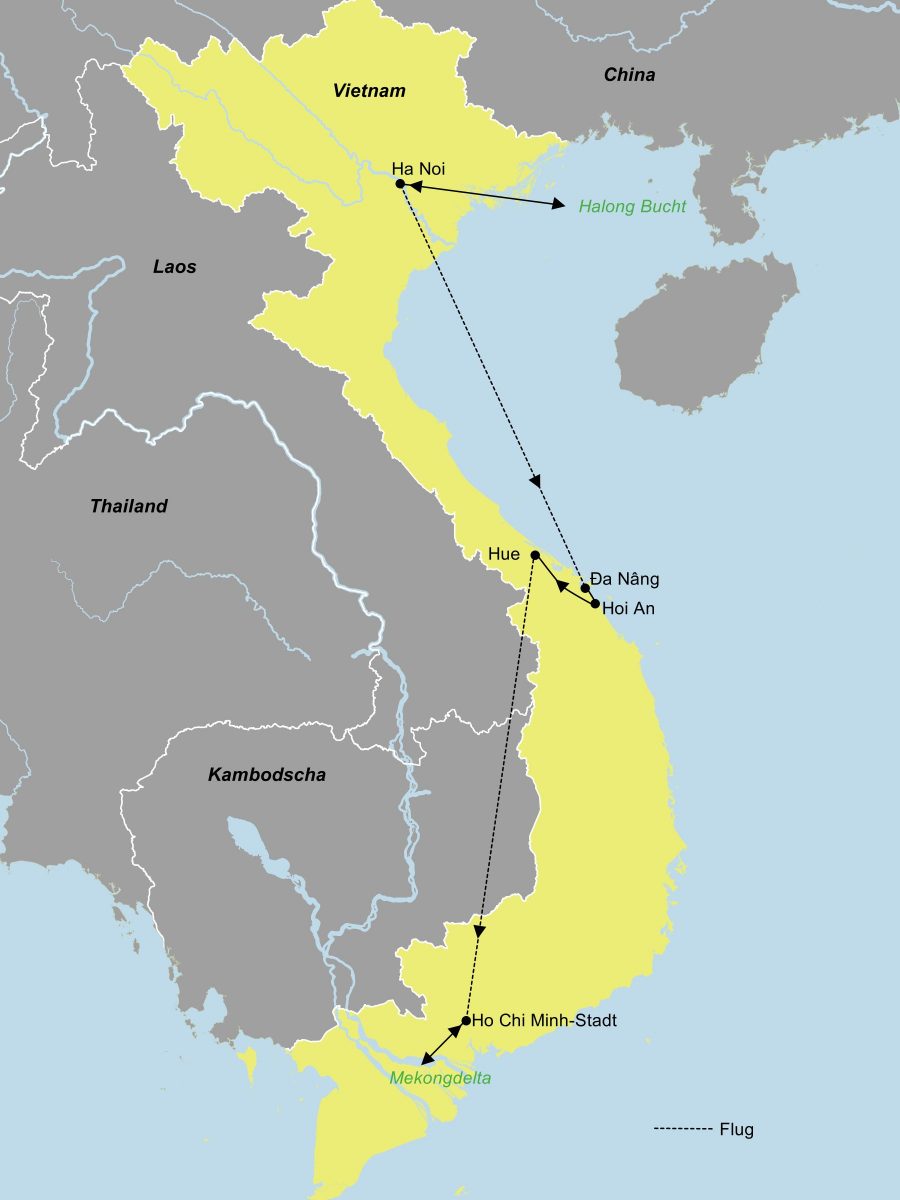 Reiseroute der Erlebe Vietnam Rundreise
