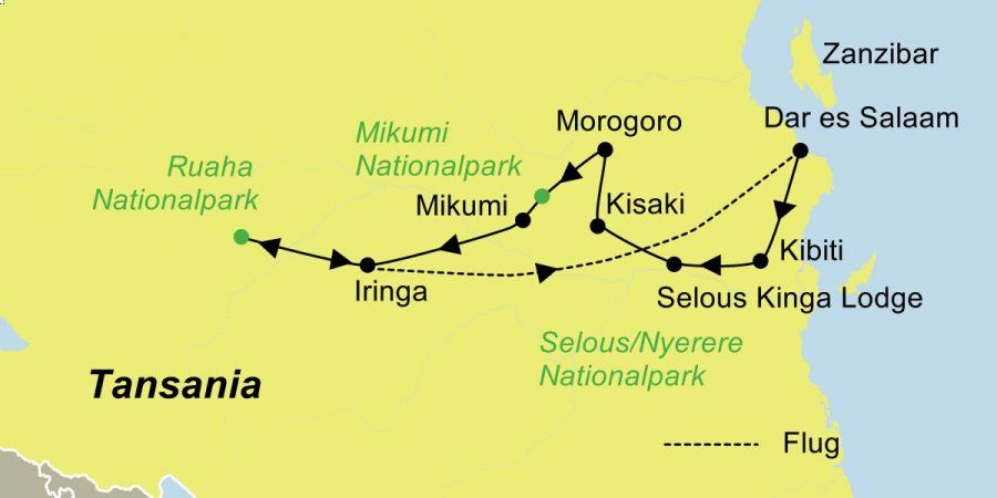 Die Reiseroute der Safari im Süden von Tansania führt von Dar es Salaam über das Wildreservat Selous, den Nyerere Nationalpark, die Uluguru Berge, den Mikumi Nationalpark und den Ruaha Nationalpark wieder zurück nach Dar es Salaam.