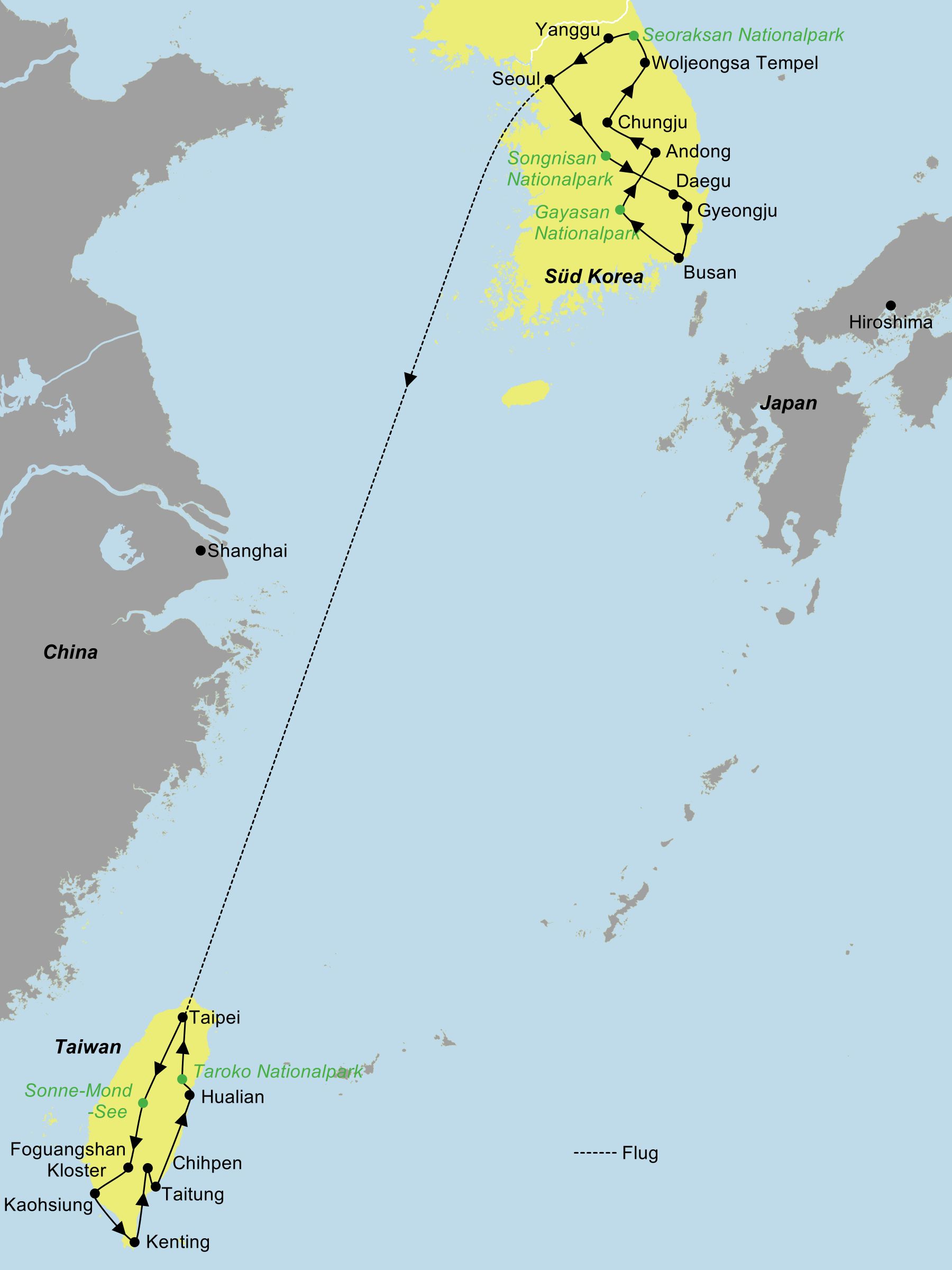 Die Reiseroute der Korea & Taiwan Höhepunkte Reise führt von Seoul über den Songnisan-Nationalpark, Daegu, Gyeongju, Busan, den Gayasan-Nationalpark, Andong, Chungju, den Seoraksan-Nationalpark, Taipeh, den Sonne-Mond-See, das Foguangshan Kloster, Kaohsiung, Kenting, Chihpen, Taitung, East Coast, Hualien und den Taroko Nationalpark nach Taipeh.