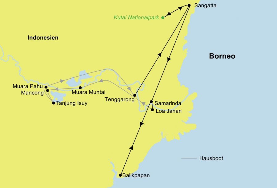Die Reiseroute der Kalimantan Wildlife Rundreise mit dem Hausboot führt von Balikpapan über Samarinda, Loa Janan, Mahakam, Muara Muntai, Mancong, Tanjung Isuy, Muara Pahu, den Kedang Pahu River, Mount Bayan, Terbisak, Tenggarong, Sangatta, und den Kutai Nationalpark wieder zurück nach Balikpapan.
