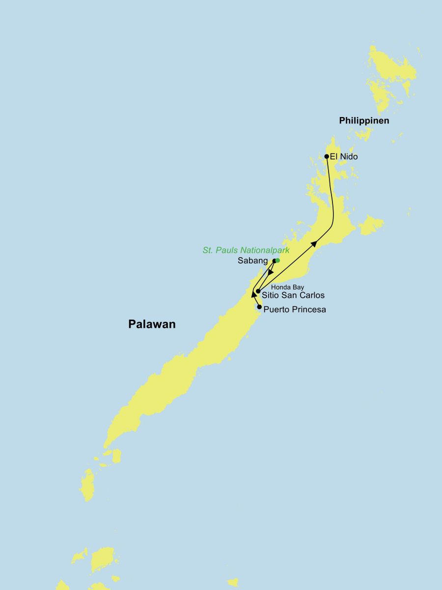 Die Reiseroute der Abenteuer Palawan Rundreise führt von Puerto Princesa über Sabang, den St. Paul’s Nationalpark, Sitio San Carlos, den Bacungan River und die Honda Bay nach El Nido