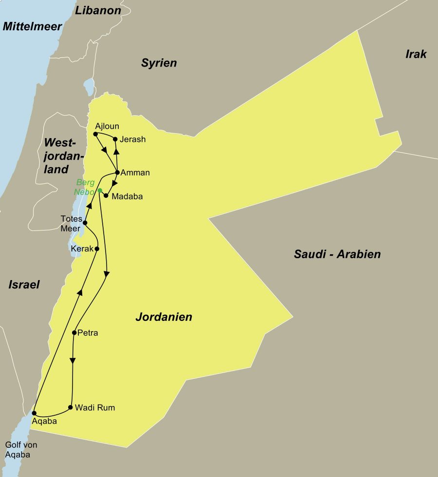Die Reiseroute der Jordanien Kompakt Rundreise führt von Amman über Jerash, Ajloun, Madaba, den Berg Nebo, Petra, das Wadi Rum, Aqaba, Kerak und das Tote Meer wieder zurück nach Amman.