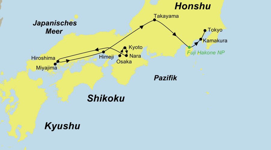 Die Reiseroute der Japan Gruppenreise Bonsai führt von Kyoto über Nara, Hiroshima, Miyajima, Hiroshima, Himeji, Takajama, den Fuji Hakone-Izu-Nationalpark und Kamakura nach Tokyo.
