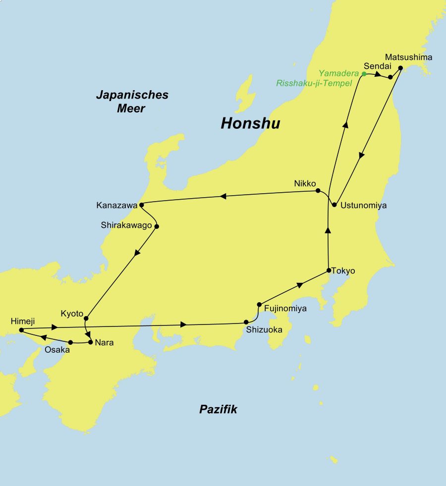 Die Reiseroute der Japan Erlebnisreise – Im Zug über die Insel Honshu führt von Tokyo über Yamadera, Sendai, Matsushima, Ustunomiya, Nikko, Kanazawa, Shirakawago, Kyoto, Nara, Osaka, Himeji, Shizuoka und Fujinomiya wieder zurück nach Tokyo.
