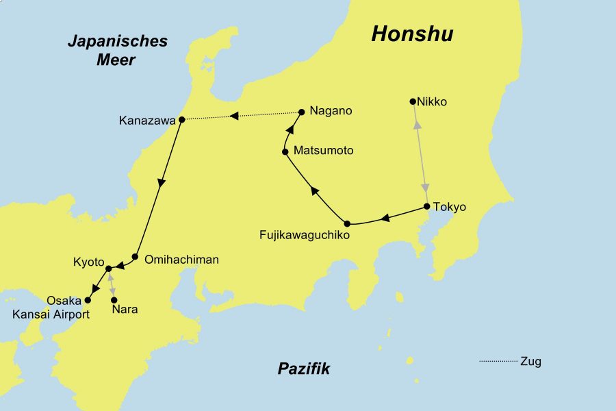 Die Reiseroute der Japan Gruppenreise entlang der Goldenen Route führt von Tokyo über Fujikawaguchiko, Matsumoto, Nagano, Kanazawa und Omihachiman nach Kyoto.