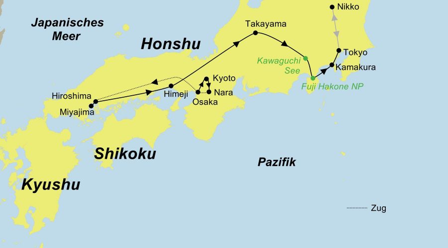 Die Reiseroute der Japan Rundreise Ginkgo führt von Osaka über Kyoto, Nara, Hiroshima, Miyajima, Himeji, Takayama, Kawaguchi und Kamakura nach Tokyo.