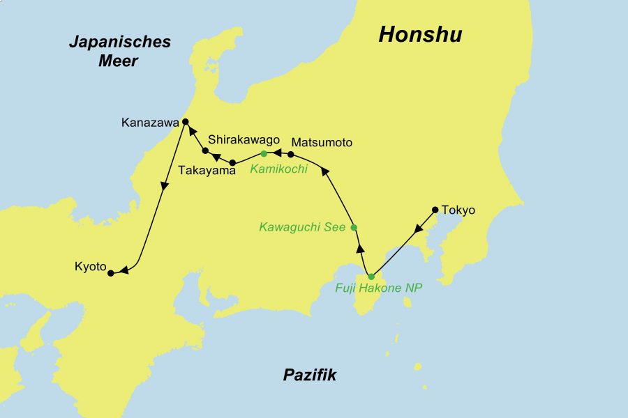 Die Reiseroute der Japan Mietwagenrundreise führt von Tokyo über den Fuji-Hakone-Nationalpark, Kawaguchiko, Matsumoto, Okuhida, Takayama, Shirakawago und Kanazawa nach Kyoto.