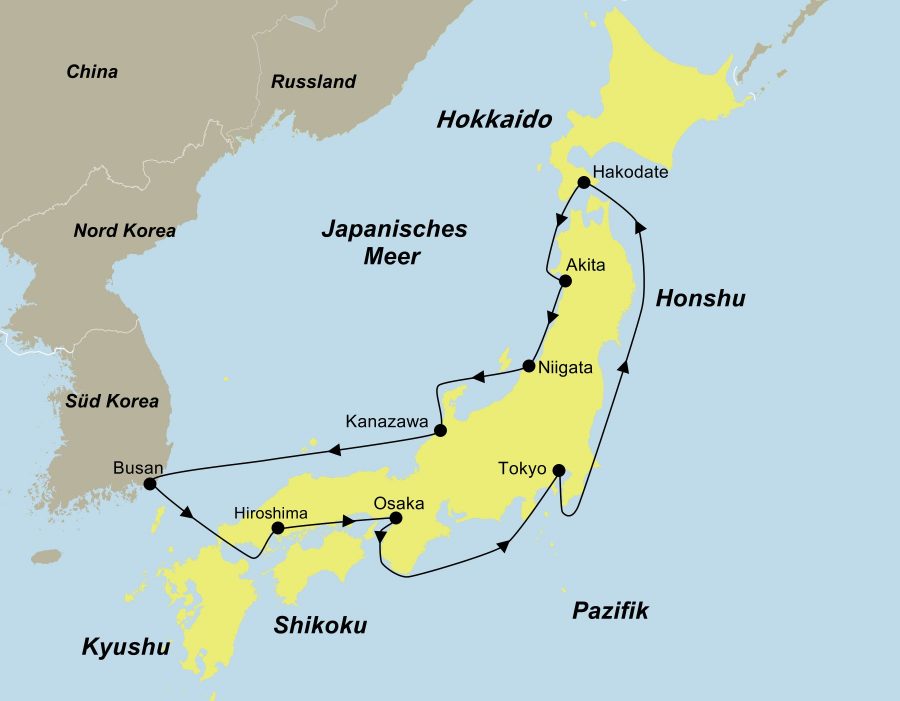 Die Reiseroute der Luxus Kreuzfahrt Japan & Korea mit Silversea führt von Tokyo über Hakodate, Akita, Niigata, Kanazawa, Busan, Hiroshima und Osaka wieder zurück nach Tokyo.