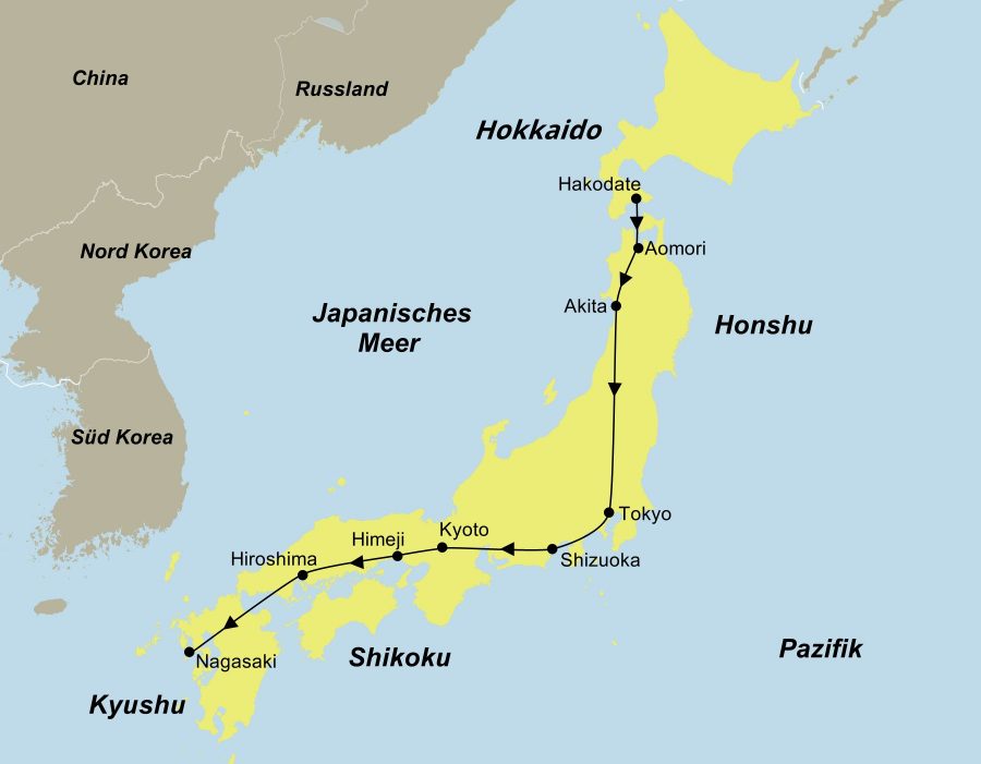 Die Reiseroute der Japan Zugreise für Bahn-Fans führt von Hakodate über Aomori, Akita, Nikko, Toky, Hakone, Kyoto, Himeji und Hiroshima nach Nagasaki.