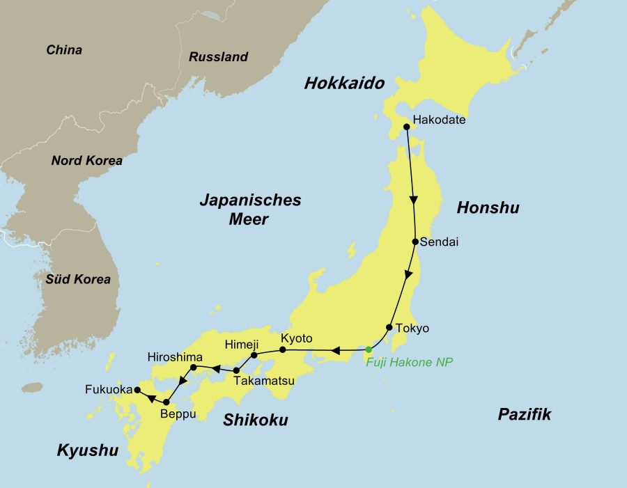Die Reiseroute der Japan Samurai Gruppenreise führt von Hakodate über Sendai, Tokyo, Gora, den Fuji-Hakone-Izu-Nationalpark, Kyoto, (Uji – Nara), Himeji, Takamatsu, Matsuyama, Hiroshima, Miyajima, Kokura, Yufuin und Beppu nach Fukuoka.