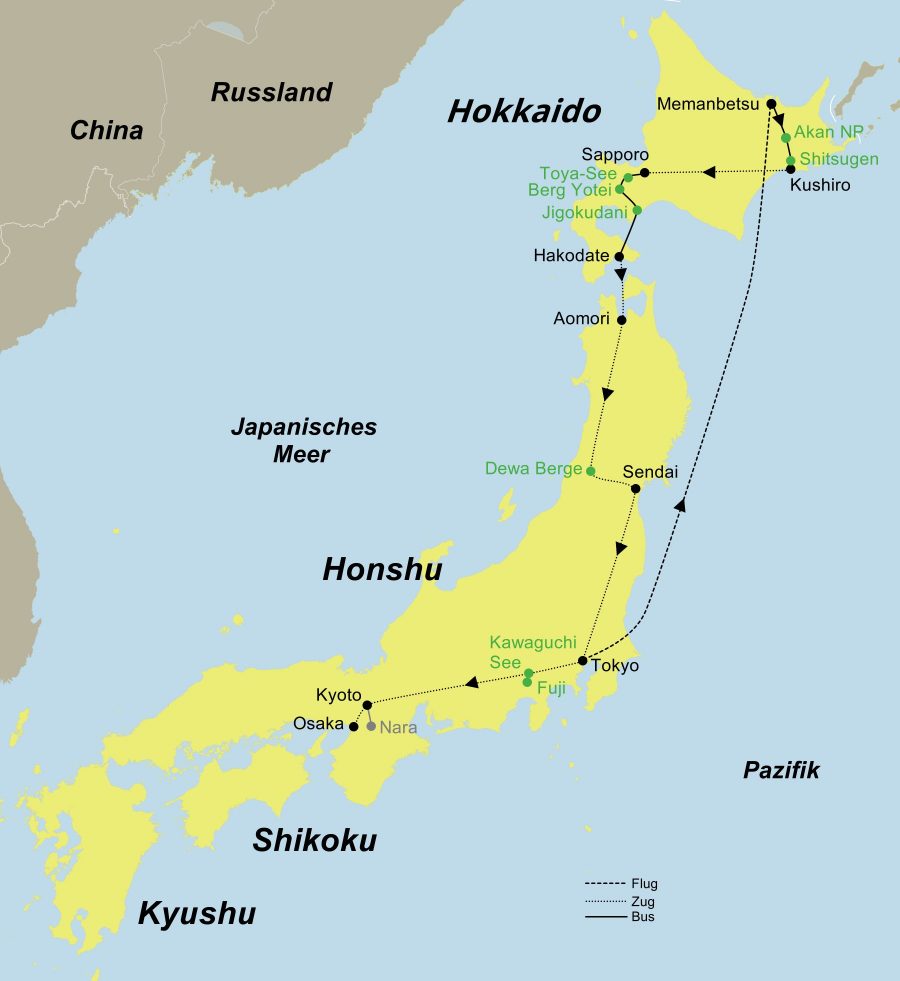 Die Reiseroute der Nordjapan & Zentraljapan Naturwunder Rundreise führt von Memanbetsu über den Akan Mashu National Park, den Akan-See, Sapporo, Jigokudani, den Toya-See & Berg Yotei, Hakodate, Aomori, Dewasanzan, Sendai, Tokyo, Takao, , den Kawaguchi-See und Kyoto (Nara) nach Osaka.