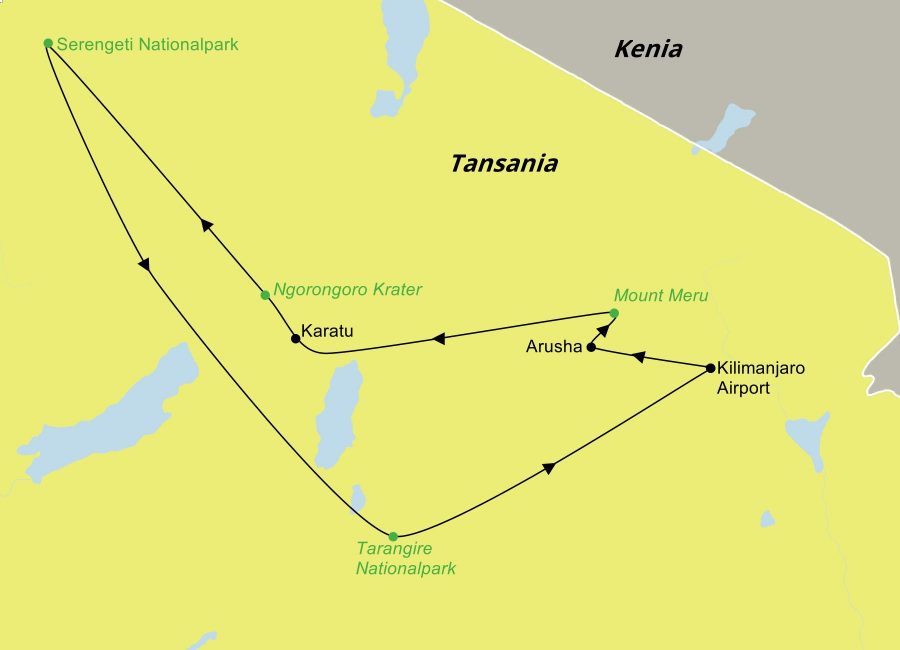 Die Reiseroute der Tansania – Das Beste zwischen Kilimanjaro und der Serengeti Reise führt vom Kilimanjaro Airport über Arusha, den Ngorongoro Krater, den Serengeti N.P. und den Tarangire N.P.