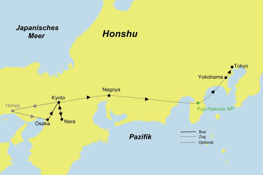 Die Reiseroute der Japan Highlights nachhaltig erleben in Gruppenreise führt von Osaka, Kyoto, Nara, Himeji, Osaka, Nagoya, den Fuji- Hakone-Izu-Nationalpark und Yokohama nach Tokyo.