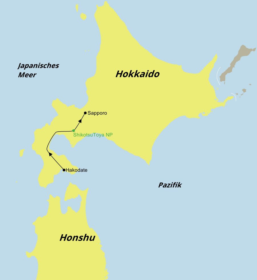 Die Reiseroute der Japan Hokkaido Rundreise im Mietwagen führt von Hakodate über den Shikotsu Toya Nationalpark nach Sapporo.