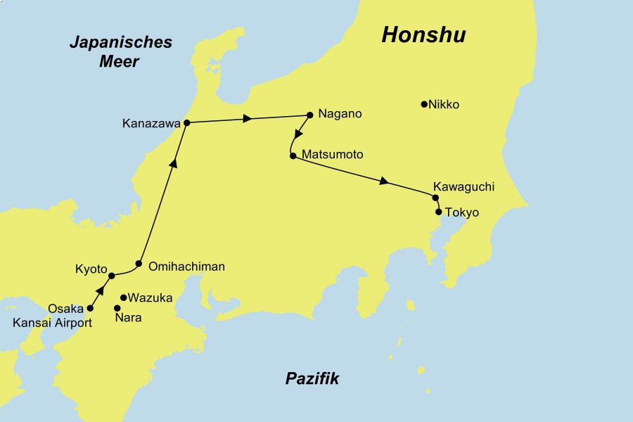 Die Reiseroute der Japan Maiko | Goldene Route Kleingruppenreise führt von Osaka über Kyoto (Nara – Wazuka), Omihachiman, Kanazawa, Nagano, Matsumoto und Kawaguchi nach Tokyo (Nikko).