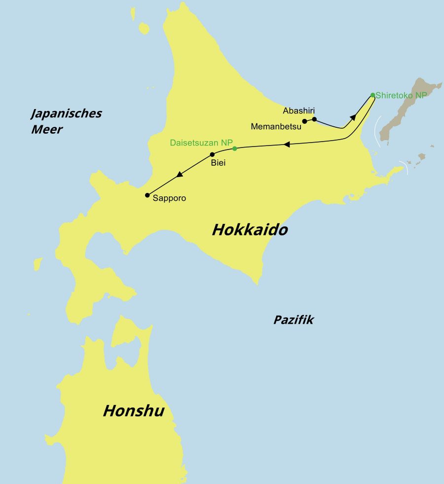 Die Reiseroute der Japan Hokkaido Mietwagenreise führt von Memanbetsu über Abashiri, den Shiretoko Nationalpark, den Daisetsuzan-Nationalpark und Biei nach Sapporo.