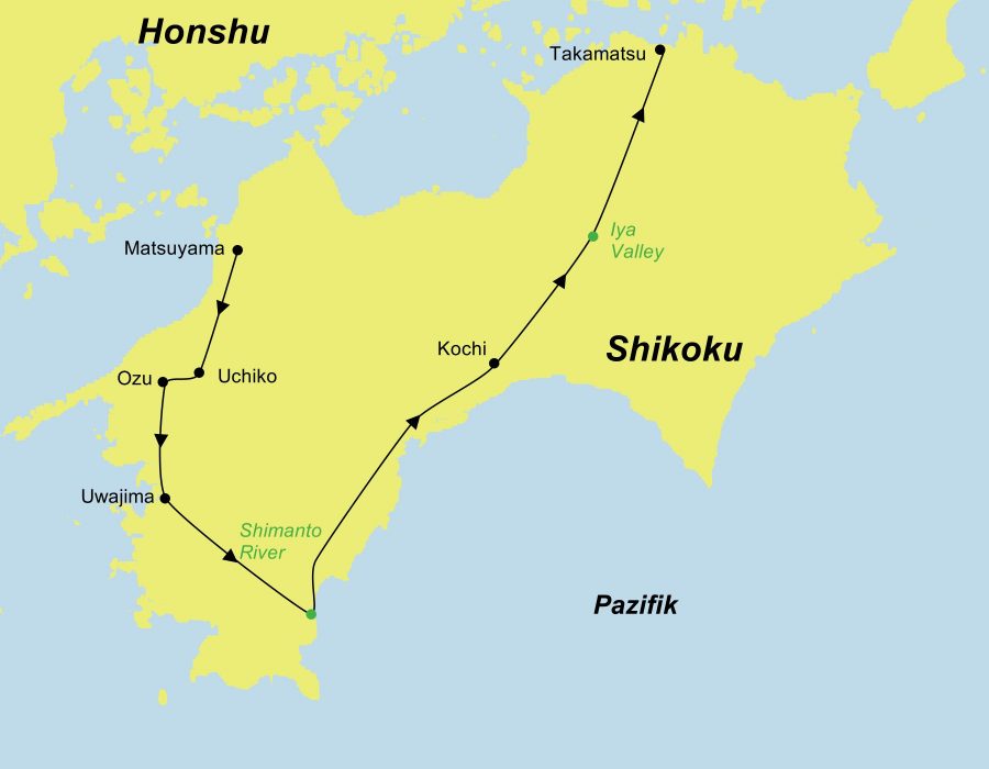 Die Reiseroute der Japan Shikoku Tour im Mietwagen führt von Matsuyama über Uchiko, Ozu, Uwajima, den Shimanto River, Kochi und das Iya Valley nach Takamatsu.