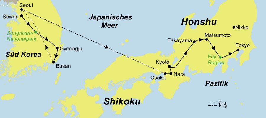 Die Reiseroute der Ginseng – Südkorea & Japan | Rundreise Kombination führt von Seoul über Suwon, den Songnisan Nationalpark, Gyeongju, Busan, Seoul, Osaka, Kyoto, Nara, Takayama, Matsumoto und die Fuji Hakone Region nach Tokyo (Nikko).