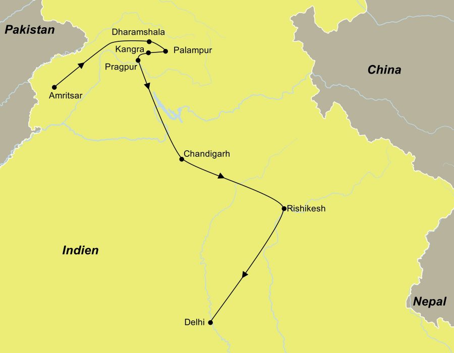 Die Reiseroute der Indien Privatreise | Zu Füßen heiliger Riesen führt von Amritsar über Dharamsala, Palampur, Kangra, Pragpur, Chandigarh und Rishikesh nach Delhi.