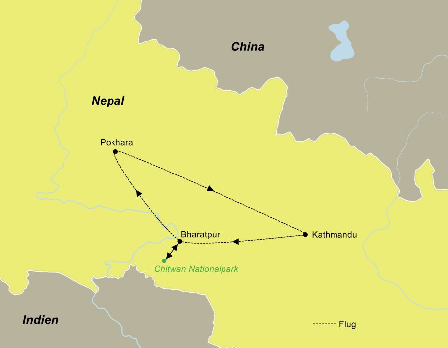 Die Reiseroute der Nepal Deluxe Rundreise führt von Kathmandu über Bharatpur, den Chitwan Nationalpark und Pokhara wieder zurück nach Kathmandu.